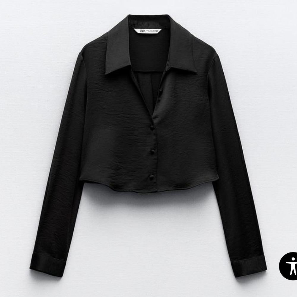 Zara satin effect crop shirt in black